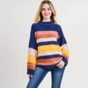 Women's Mock Neck Sweater Color Blocked Striped